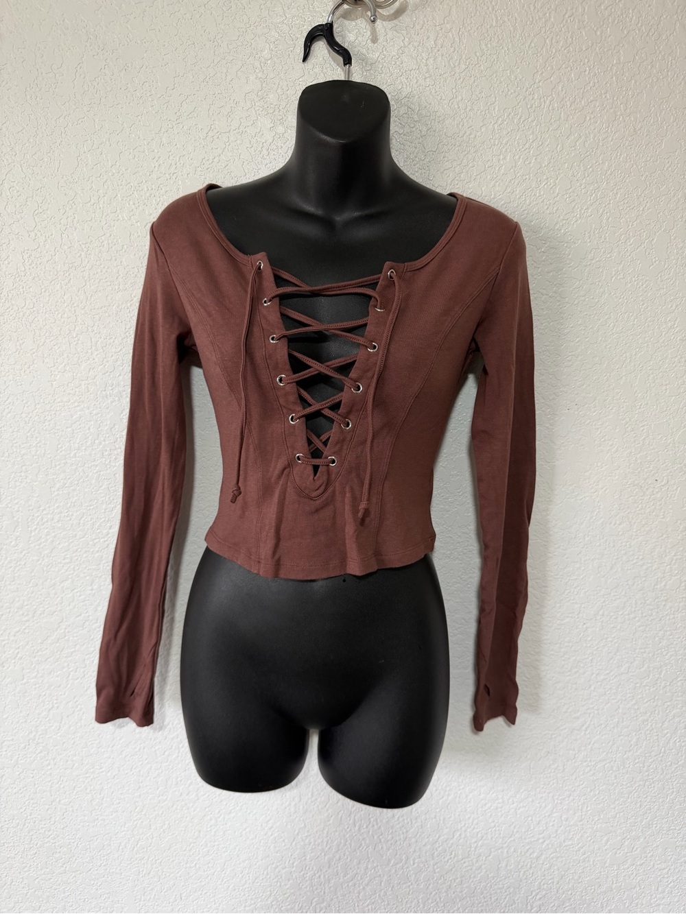 Brown Lace-Up Long Sleeve Crop Top